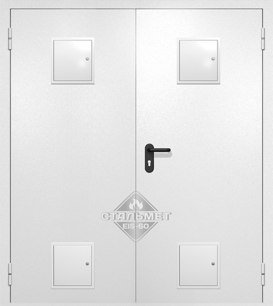 Двупольная противопожарная дверь EI-60 белая RAL 9016, четыре стыковочных узла