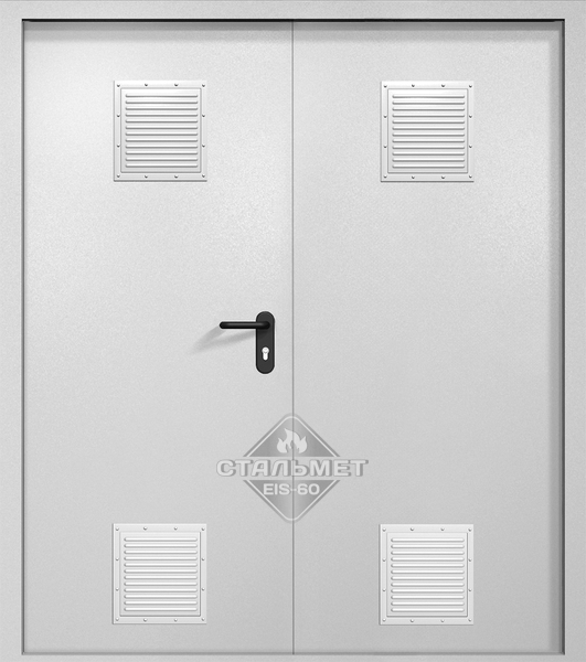 Двупольная противопожарная дверь EI-60 белая RAL 9016, четыре стыковочных узла