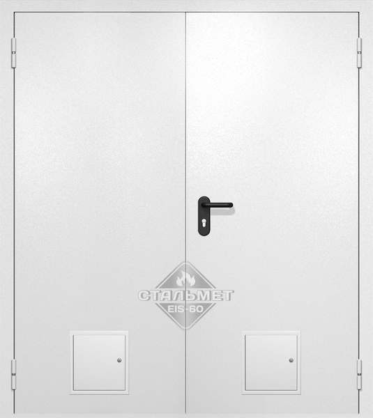 Двупольная противопожарная дверь EI-60 белая RAL 9016, два стыковочных узла