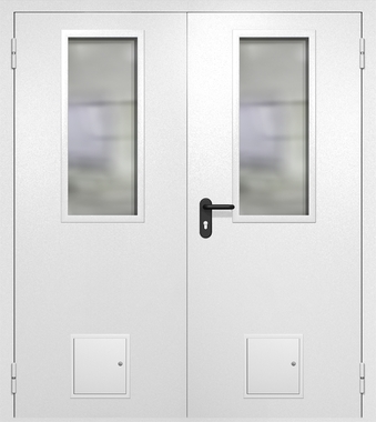 Двупольная противопожарная дверь EI-60 белая RAL 9016, два узких стекла, два стыковочных узла