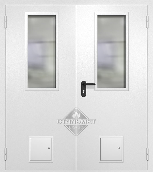 Двупольная противопожарная дверь EI-60 белая RAL 9016, два узких стекла, два стыковочных узла