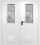 Двупольная противопожарная дверь EI-60 белая RAL 9016, два узких стекла, два стыковочных узла