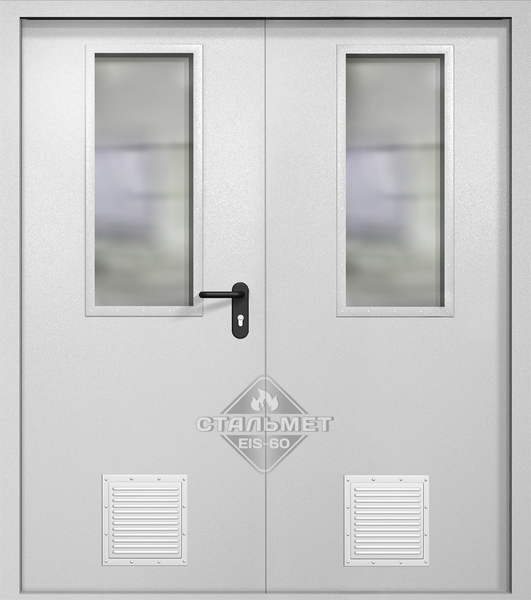 Двупольная противопожарная дверь EI-60 белая RAL 9016, два узких стекла, два стыковочных узла