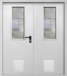 Двупольная противопожарная дверь EI-60 белая RAL 9016, два узких стекла, два стыковочных узла