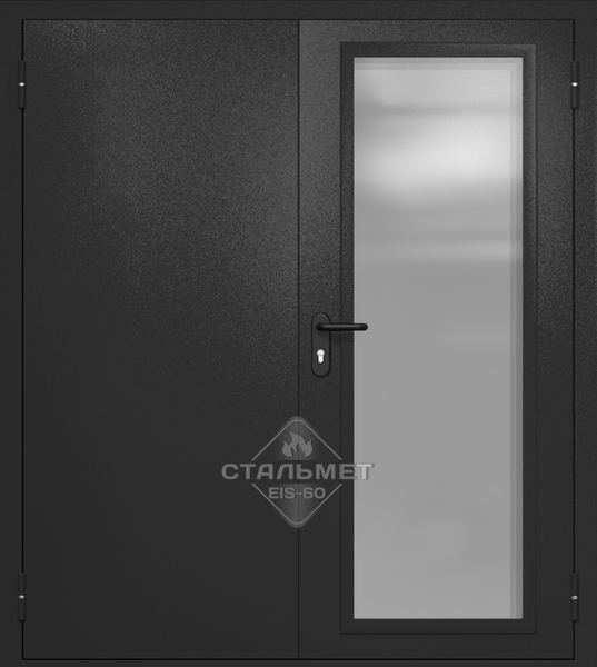 Двупольная противопожарная дверь EIW-60 RAL 9004, максимальное стекло, антипаника
