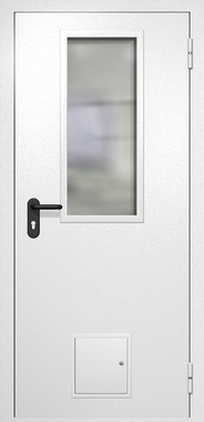 Однопольная противопожарная дверь EI-60 белая RAL 9016, стекло 700x300 мм, стыковочный узел Однопольная противопожарная дверь EI-60 белая RAL 9016, стекло 700x300 мм, стыковочный узел