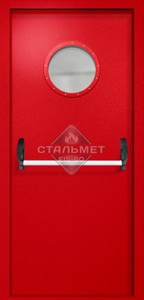 Однопольная противопожарная дверь EI-60 RAL 3000, круглое стекло, антипаника
