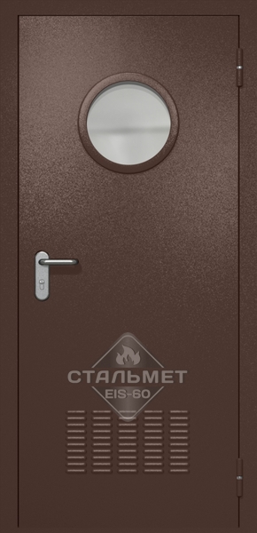 Однопольная техническая дверь RAL 8017, круглое стекло, антипаника, вентиляция