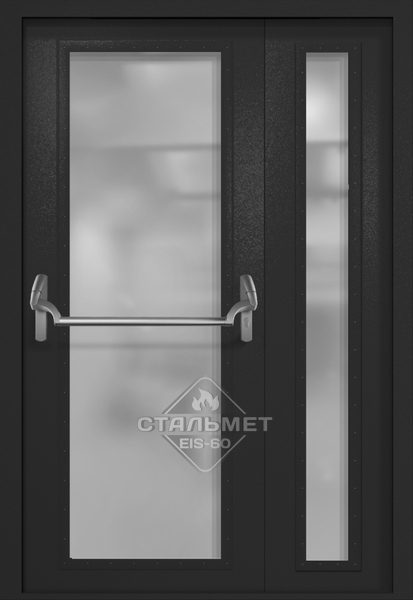 Полуторапольная противопожарная дверь EIW-60 RAL 9004, два максимальных стекла, антипаника