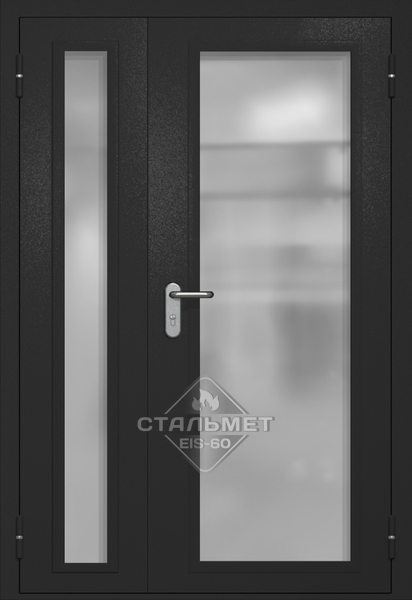 Полуторапольная противопожарная дверь EIW-60 RAL 9004, два максимальных стекла, две ручки антипаника