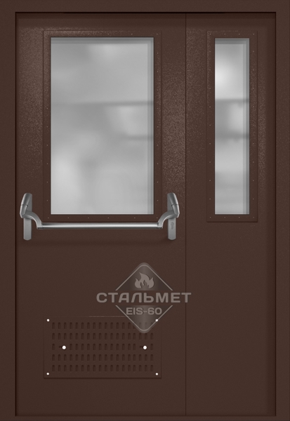 Полуторапольная техническая дверь RAL 8017, два широких стекла, антипаника, вентиляция