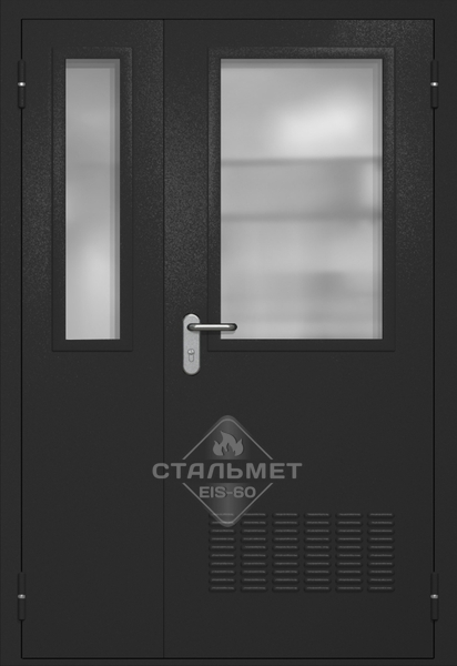 Полуторапольная техническая дверь RAL 9004, два широких стекла, антипаника, вентиляция