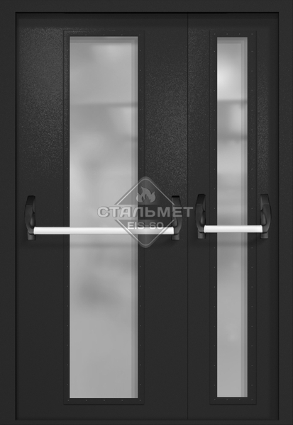 Полуторапольная противопожарная дверь EIW-60 RAL 9004, два длинных узких стекла, две ручки антипаника