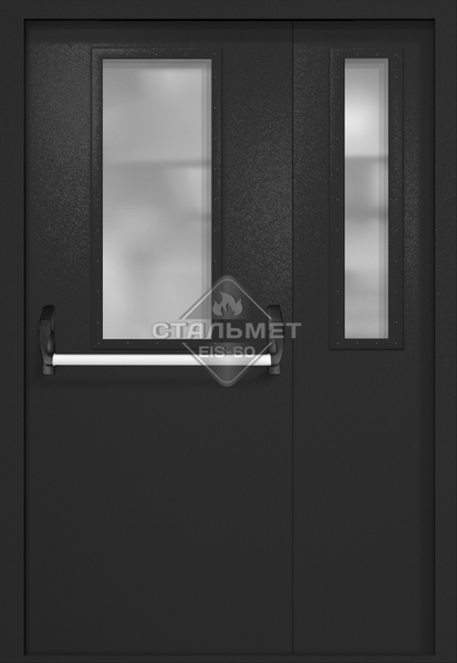 Полуторапольная противопожарная дверь EI-60 RAL 9004, два узких стекла, антипаника