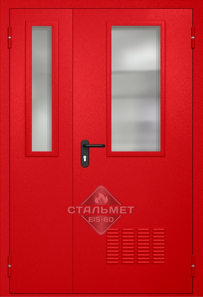 Полуторапольная техническая дверь RAL 3000, два узких стекла, антипаника, вентиляция