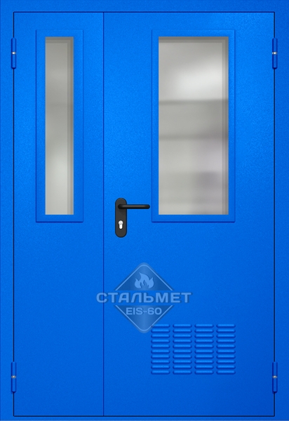 Полуторапольная техническая дверь RAL 5005, два узких стекла, две ручки антипаника, вентиляция