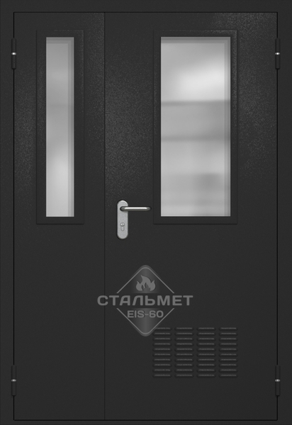 Полуторапольная техническая дверь RAL 9004, два узких стекла, антипаника, вентиляция
