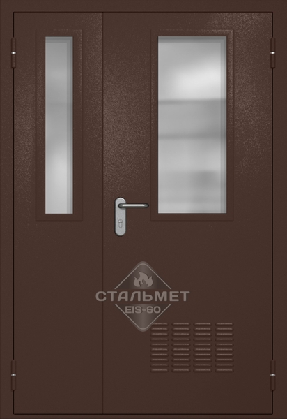 Полуторапольная техническая дверь RAL 8017, два узких стекла, антипаника, вентиляция