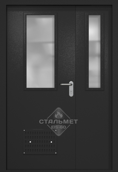 Полуторапольная техническая дверь RAL 9004, два узких стекла, вентиляция