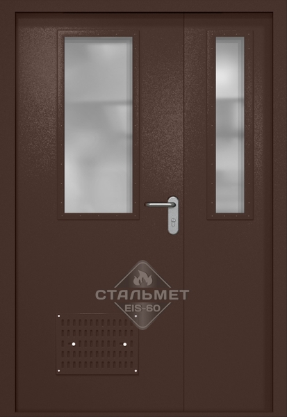Полуторапольная техническая дверь RAL 8017, два узких стекла, вентиляция