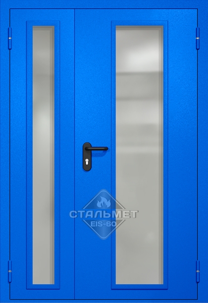 Полуторапольная противопожарная дверь EIW-60 RAL 5005, два длинных узких стеклопакета