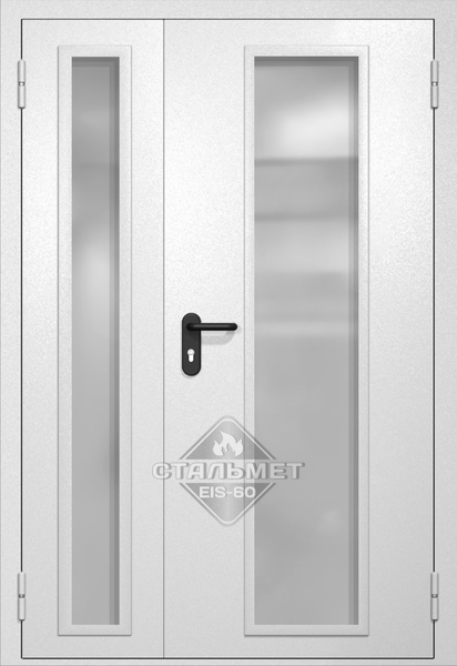Полуторапольная противопожарная дверь EIW-60 RAL 9016, два длинных узких стекла, антипаника