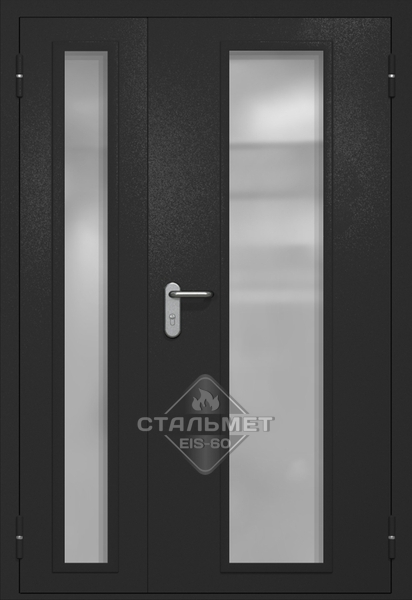 Полуторапольная противопожарная дверь EIW-60 RAL 9004, два длинных узких стеклопакета