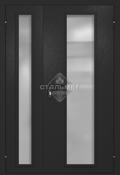 Полуторапольная противопожарная дверь EIW-60 RAL 9004, два длинных узких стеклопакета