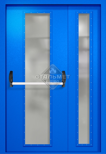 Полуторапольная противопожарная дверь EIW-60 RAL 5005, два длинных узких стекла, антипаника