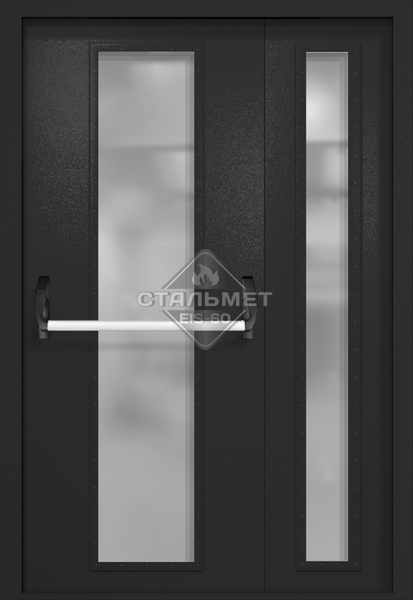Полуторапольная противопожарная дверь EIW-60 RAL 9004, два длинных узких стекла, антипаника