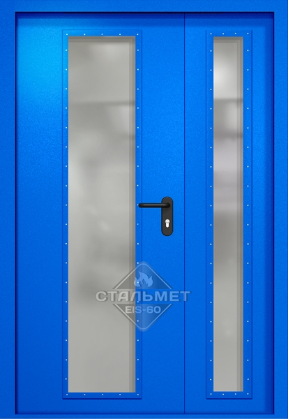 Полуторапольная противопожарная дверь EIW-60 RAL 5005, два длинных узких стеклопакета