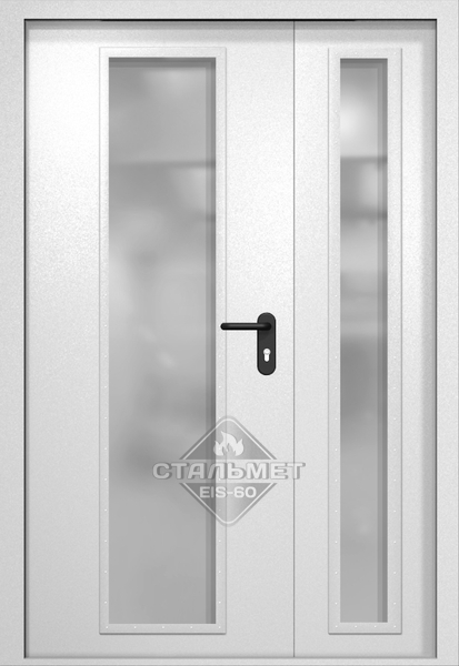 Полуторапольная противопожарная дверь EIW-60 RAL 9016, два длинных узких стеклопакета