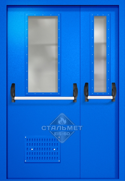 Полуторапольная техническая дверь RAL 5005, два узких стекла, две ручки антипаника, вентиляция