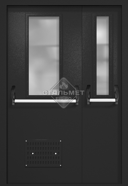 Полуторапольная техническая дверь RAL 9004, два узких стекла, две ручки антипаника, вентиляция