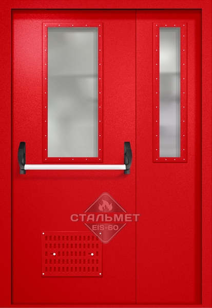 Полуторапольная техническая дверь RAL 3000, два узких стекла, антипаника, вентиляция