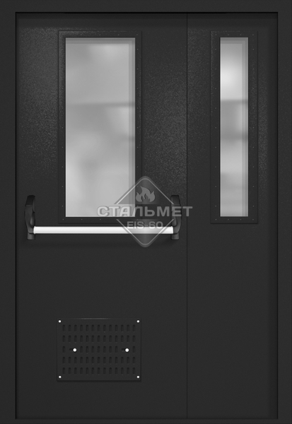 Полуторапольная техническая дверь RAL 9004, два узких стекла, антипаника, вентиляция