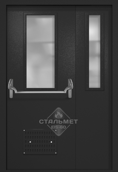 Полуторапольная техническая дверь RAL 9004, два узких стекла, антипаника, вентиляция