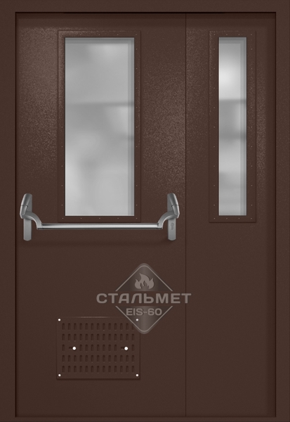 Полуторапольная техническая дверь RAL 8017, два узких стекла, антипаника, вентиляция