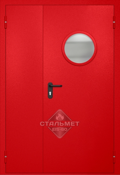 Полуторапольная противопожарная дверь EI-60 RAL 3000, круглое стекло, антипаника