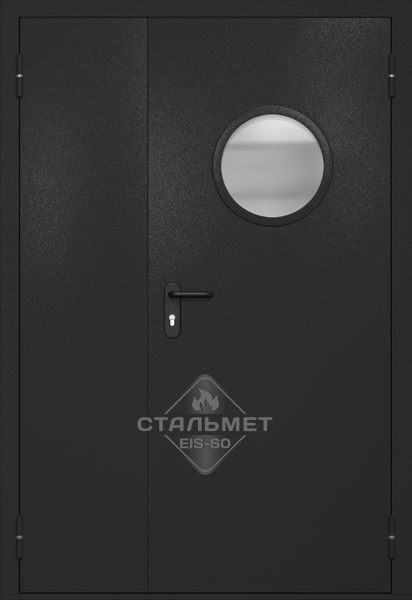 Полуторапольная противопожарная дверь EI-60 RAL 9004, круглое стекло, две ручки антипаника