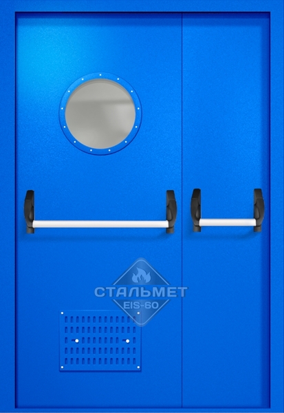 Полуторапольная техническая дверь RAL 5005, круглое стекло, две ручки антипаника, вентиляция