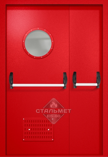 Полуторапольная техническая дверь RAL 3000, круглое стекло, две ручки антипаника, вентиляция