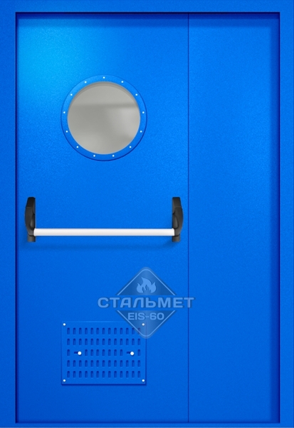 Полуторапольная техническая дверь RAL 5005, круглое стекло, антипаника, вентиляция