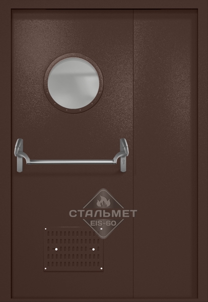 Полуторапольная техническая дверь RAL 8017, круглое стекло, антипаника, вентиляция
