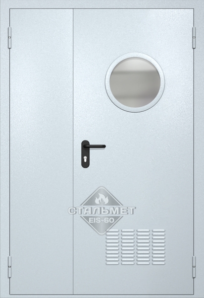 Полуторапольная техническая дверь RAL 7035, круглое стекло, антипаника, вентиляция