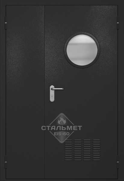 Полуторапольная техническая дверь RAL 9004, круглое стекло, вентиляция