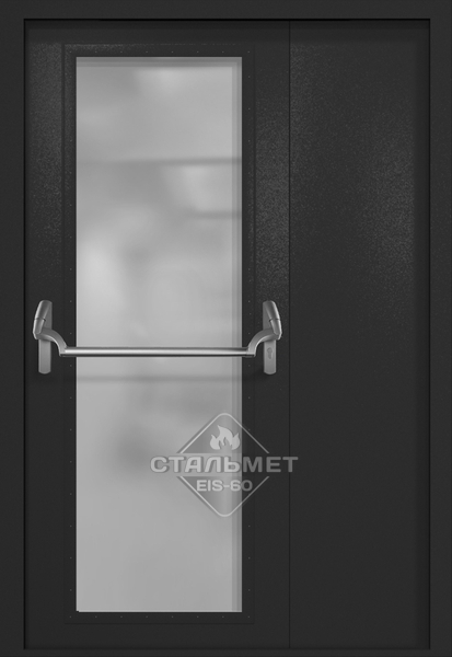 Полуторапольная противопожарная дверь EIW-60 RAL 9004, максимальное стекло, антипаника