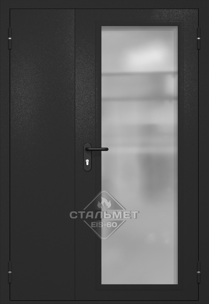 Полуторапольная противопожарная дверь EIW-60 RAL 9004, максимальное стекло, антипаника