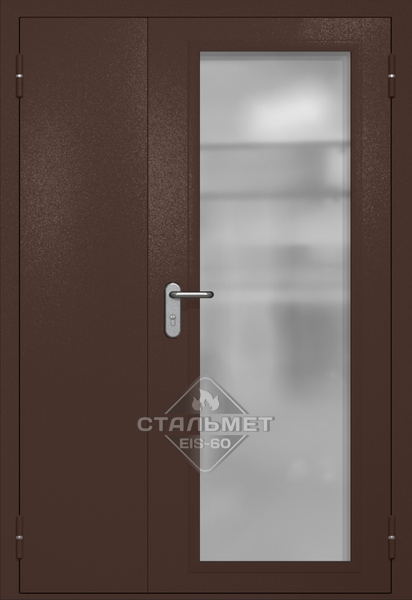 Полуторапольная противопожарная дверь EIW-60 RAL 8017, максимальное стекло, антипаника