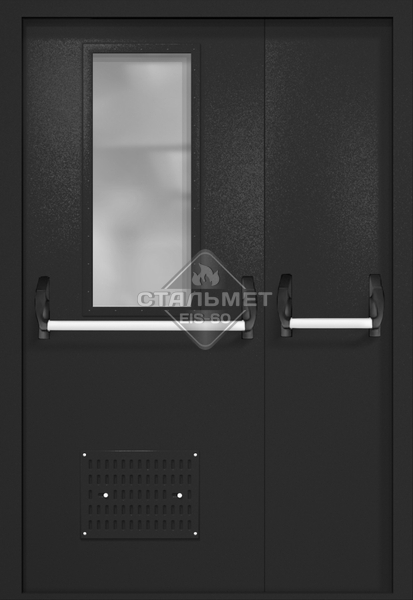 Полуторапольная техническая дверь RAL 9004, узкое стекло, две ручки антипаника, вентиляция
